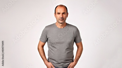 Middle-aged man in a grey T-shirt on a light background  © Unnamed  Bird