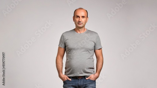 Middle-aged man in a grey T-shirt on a light background 