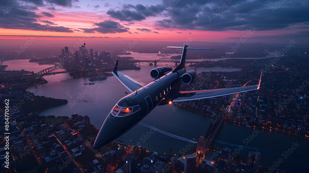 Naklejka premium A small, private jet flying over a cityscape in HDR, showcases the contrast between the sleek aircraft and the urban environment. Luxury Concept