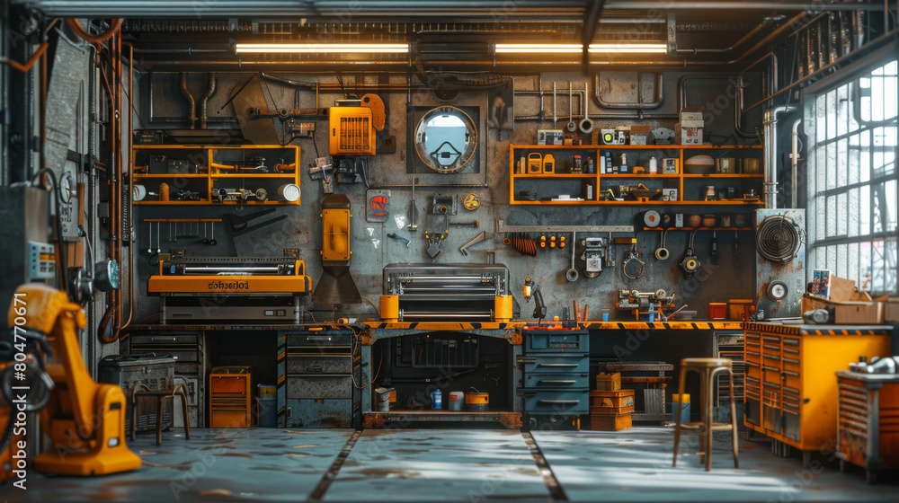 A well-equipped workshop interior with a wide range of tools and machinery, perfect for craftsmanship and repairs. A well-equipped workshop interior with a wide range of tools and machinery, perfect for craftsmanship and repairs.