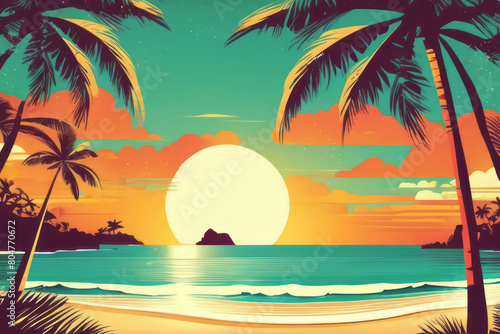 Illustration of retro vintage seascape banner  sand beach and palm trees on sunset background. Design for card  poster  banner