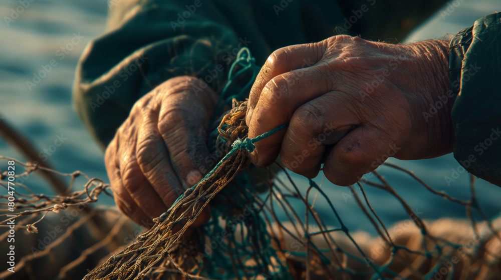 Close-up of a fisherman's hands mending a fishing net