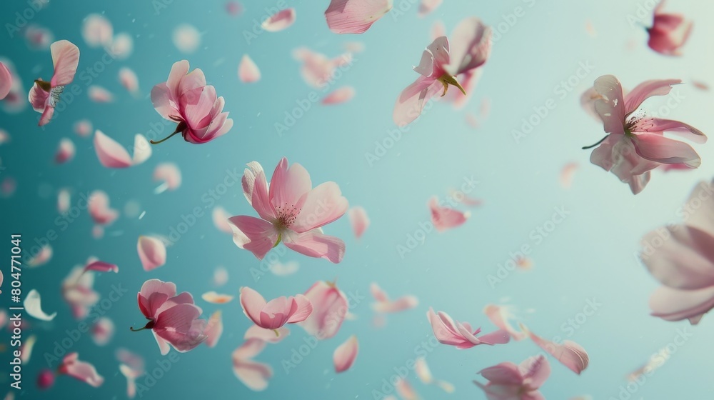 Fototapeta premium Serene scene of pink cherry blossoms floating against a turquoise sky.