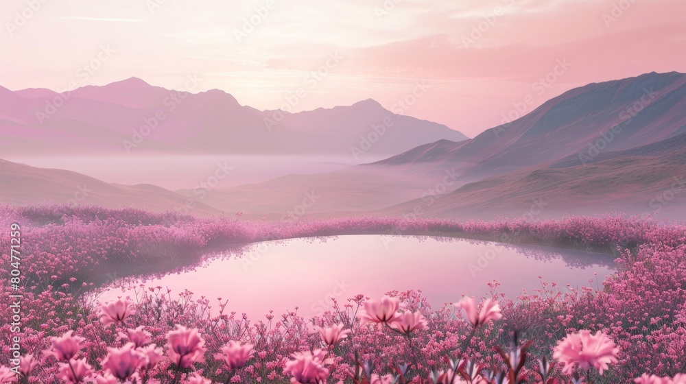 A serene mountain lake surrounded by pink flowers under a misty dawn sky.