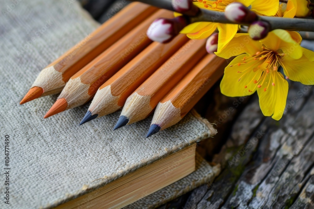 Pencils on books with flowers, wooden base. Pencils on books with flowers, wooden base.