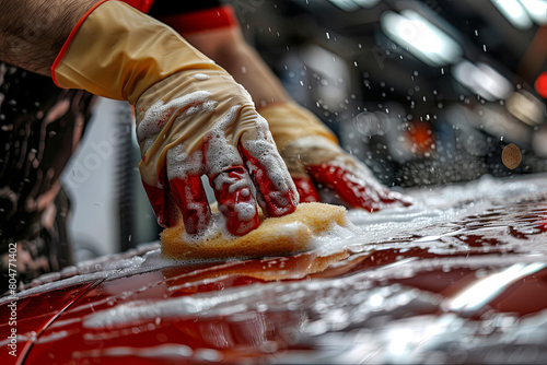 close-up of male hands in rubber gloves of a car wash worker polishing a car body with a sponge, banner, space for text.