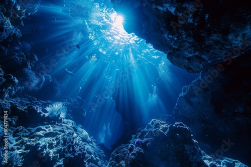Sun rays illuminating a coral reef in an underwater cave. © InfiniteStudio