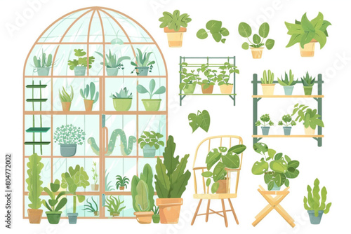 Greenhouse and gardening elements. Cartoon vector illustration set of pants in pot, wooden rack and chair, empty flowerpots. Glasshouse or conservatory room interior houseplants and greenery. vector i