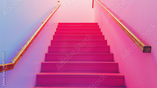 Hot magenta stairs with a minimalist wooden handrail  wide angle from the top.