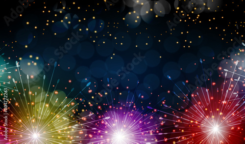 Brightly Colorful Fireworks. Holiday fireworks background. Illustration of Fireworks. Banner for holidays. Merry Christmas. Happy New Year. Happy Birthday. Illustration.