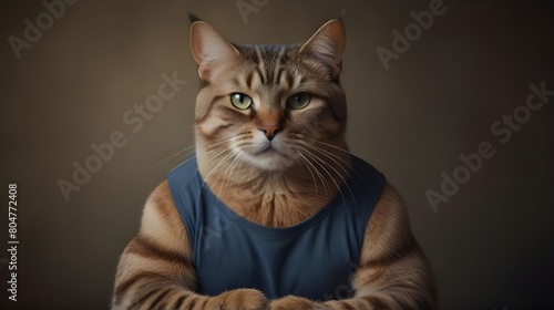 Muscular Cat Bodybuilder Portrait  Strong Feline with Arms Crossed - Animal Strength  Fitness  Bodybuilding Pet Fitness Apparel  Humorous Art Prints  Animal-themed Gym Posters 