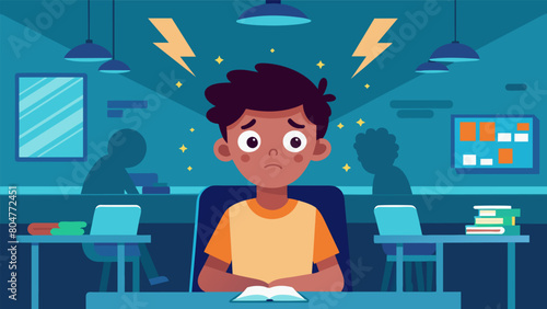 A child with SPD becomes easily distracted in class by the humming of fluorescent lights.. Vector illustration
