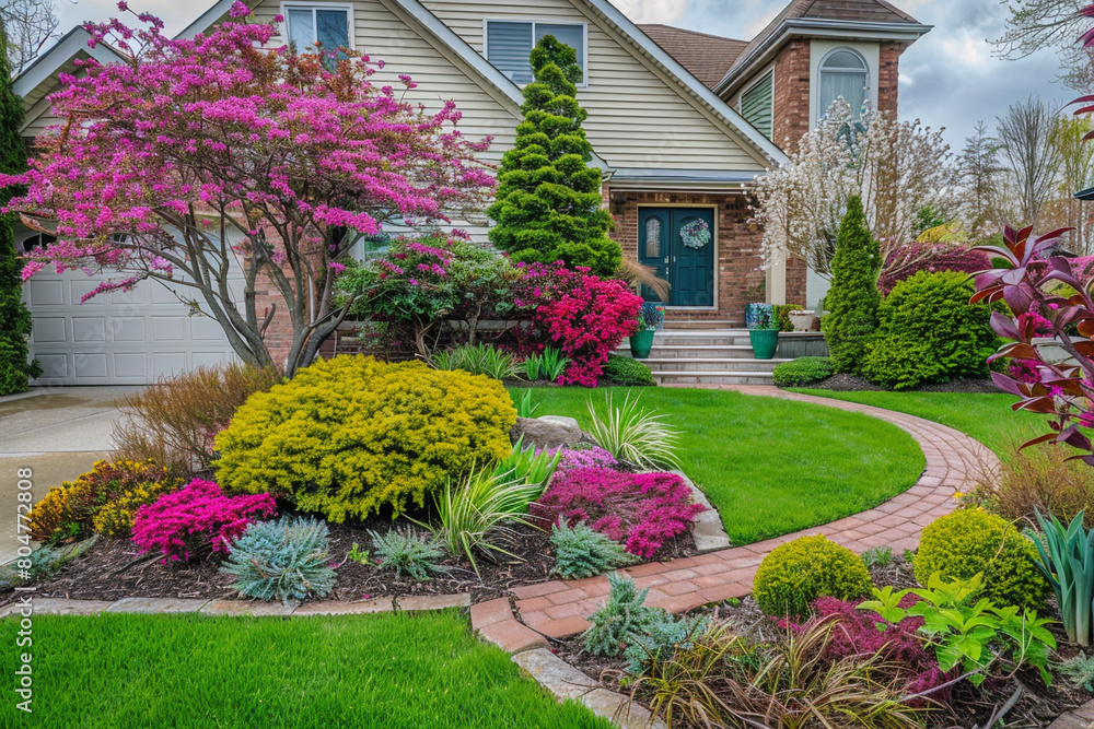 Naklejka premium Lush front yard garden in spring, featuring colorful shrubs and central green grass, captured in ultra-high-definition