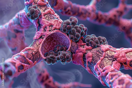 A microscopic view showcases a healthy lung alveolus where dark, misshapen cells clump together, indicating cadmium exposure. The illustration features contrasting colors to enhance educational impact