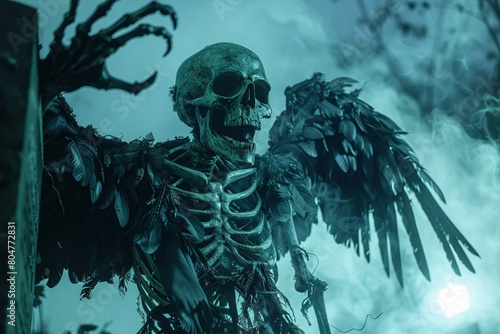Skeletal figure with raven wings, shrouded in mist, reaching out with a bony hand, graveyard at night, terrifying, low angle, dark fantasy photo
