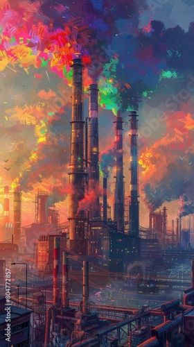 Vibrant industrial landscape  smokestacks belch colorful cadmium fumes  workers with obscured faces toil below  sickly sun struggles to penetrate  cautionary  wide shot  dystopian art style