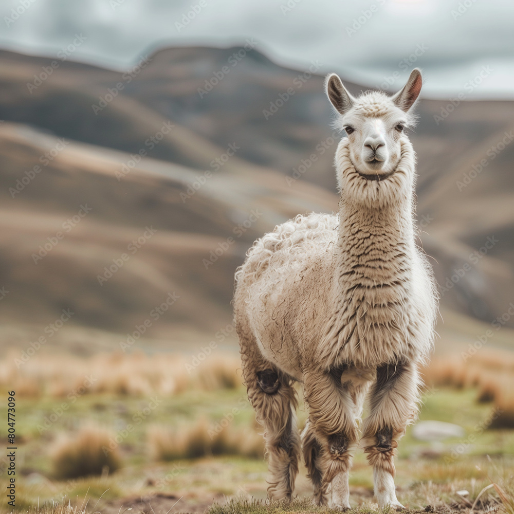 Fototapeta premium Smiling Alpaca in Natural Mountain Landscape