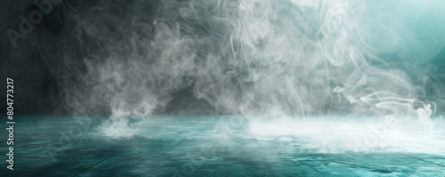 Misty grey smoke abstract background against a bright teal floor  subtle and sophisticated.