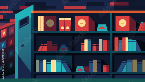 In a dimly lit bat shelves upon shelves of neatly organized record sleeves line the walls each one lovingly protected by plastic sleeves. Vector illustration © Justlight