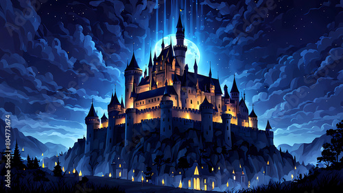 castle at night and moonlight,beautiful and shining old castle,setting,building,beautiful,Generative AI photo