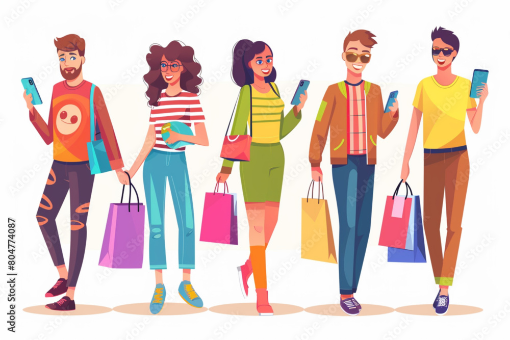 People with shop bag. Woman and man mall customer. Lady purchase gift in store with discount isolated vector set. Guy shopper carry goods. Joy female adult hold phone and present in market cartoon vec