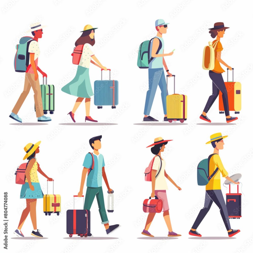 People travel with suitcase. Tourist character with luggage happy in vacation journey set. Male and female adult walk abroad for adventure as passenger with baggage isolated design illustration. vecto