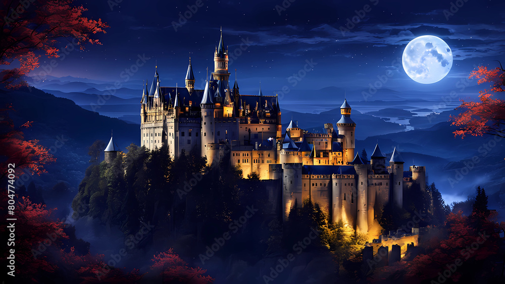 castle at night and moonlight,beautiful and shining old castle,setting,building,beautiful,Generative AI