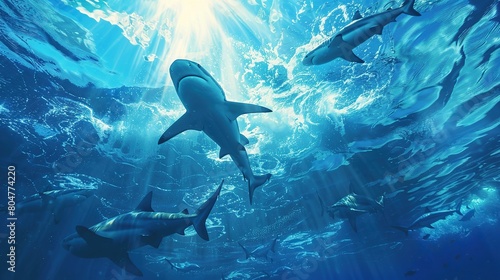 Powerful Sharks Gliding Through Azure Waters. Generative Ai © We3 Animal