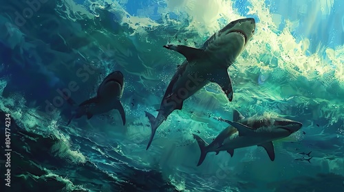 Powerful Sharks Gliding Through Azure Waters. Generative Ai