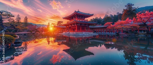 Magnificent temple in the middle of a pond at sunrise. Japanese cultural background photo