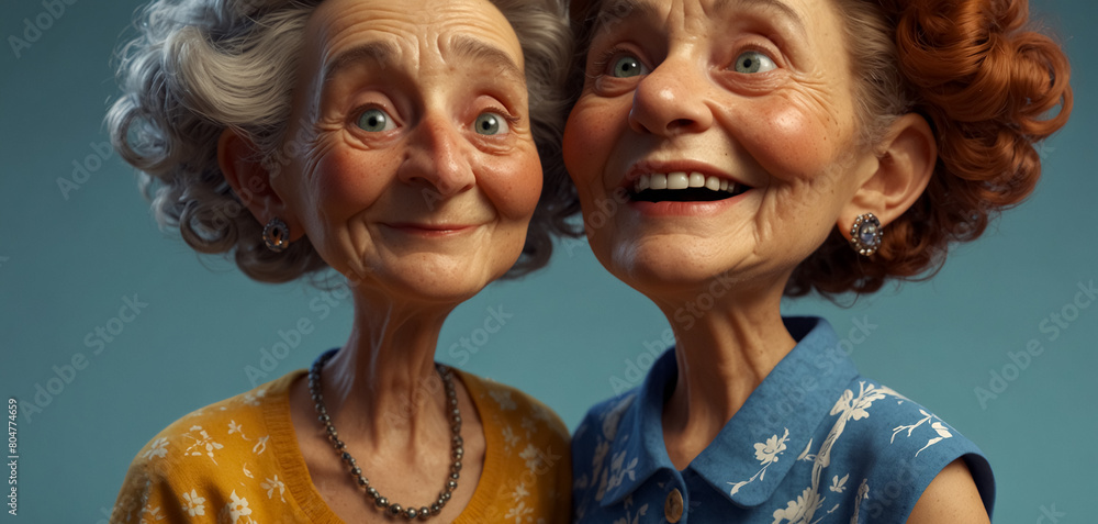 The Fun Side of Aging. Concept of Healthy Aging and Family Unity. Portraits of Family Elders in 3D Animation Style. The Fun Side of Aging. Concept of Healthy Aging and Family Unity. Portraits of Family Elders in 3D Animation Style.
