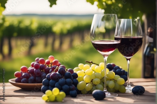 'glasses red white wine ripe grapes table vineyard grape claret bottle outdoors drink vine alcohol drinking vinery autumn leaf nature glass plant agriculture rural harvesting picnic growth' photo