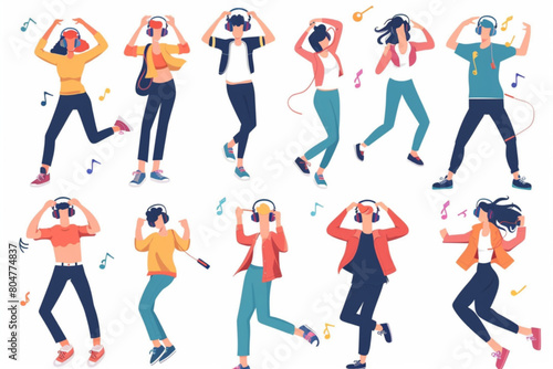 Persons listen to music in headphones and dance. Male and female young cartoon characters with earphones on head. Vector illustration set of man and woman relax and enjoy song moving to disco sound. v
