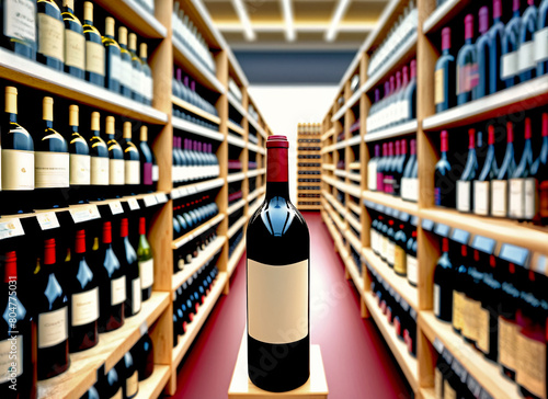 Closeup of a bottle of red wine in a wine store photo