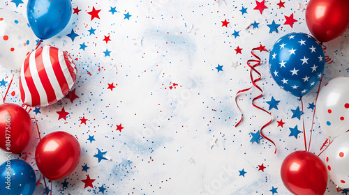 Flatlay of Red Blue white party balloons stars stripes streamers on white table top view product mockup events 4th of July America USA pride patriotic parties celebration blank copy space banner flat 