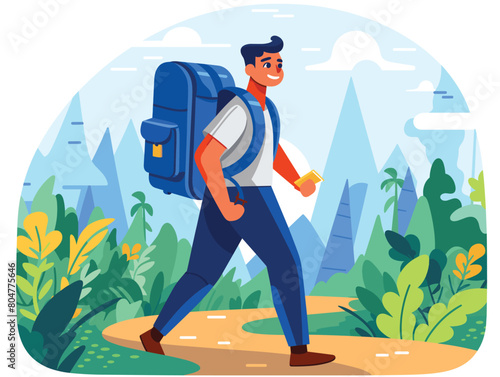 Young male hiker trekking scenic forest trail, wearing backpack, holding map. Adventurous traveler exploring wilderness, cheerful expression, cartoon style. Solo backpacker navigating outdoor path