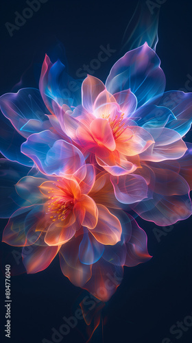 magnificent flowers with translucent pink, orange and blue hued petals on a deep blue background, vertical 9:16
