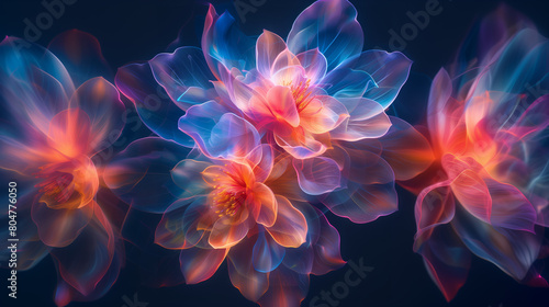 magnificent flowers with translucent pink  orange and blue hued petals on a deep blue background  wide  19 6 