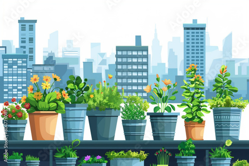 Rooftop garden on cityscape background. Vector cartoon illustration of terrace on top of modern skyscraper, green plants in pots, blooming flowers in metal buckets on wooden shelves, gardening hobby v © Ahtesham