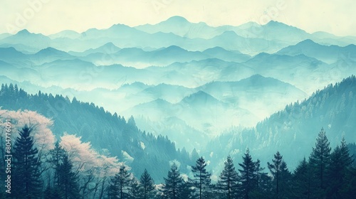 Misty Mountain and Forest Watercolor