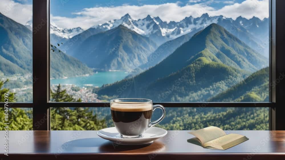 Cup of coffee on the terrace with a stunning cityscape view. Morning relaxation scene. Cup of coffee on the terrace with a stunning cityscape view. Morning relaxation scene.