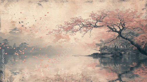 Japanese atmosphere painting with cherry blossom theme, suitable for spring background. photo