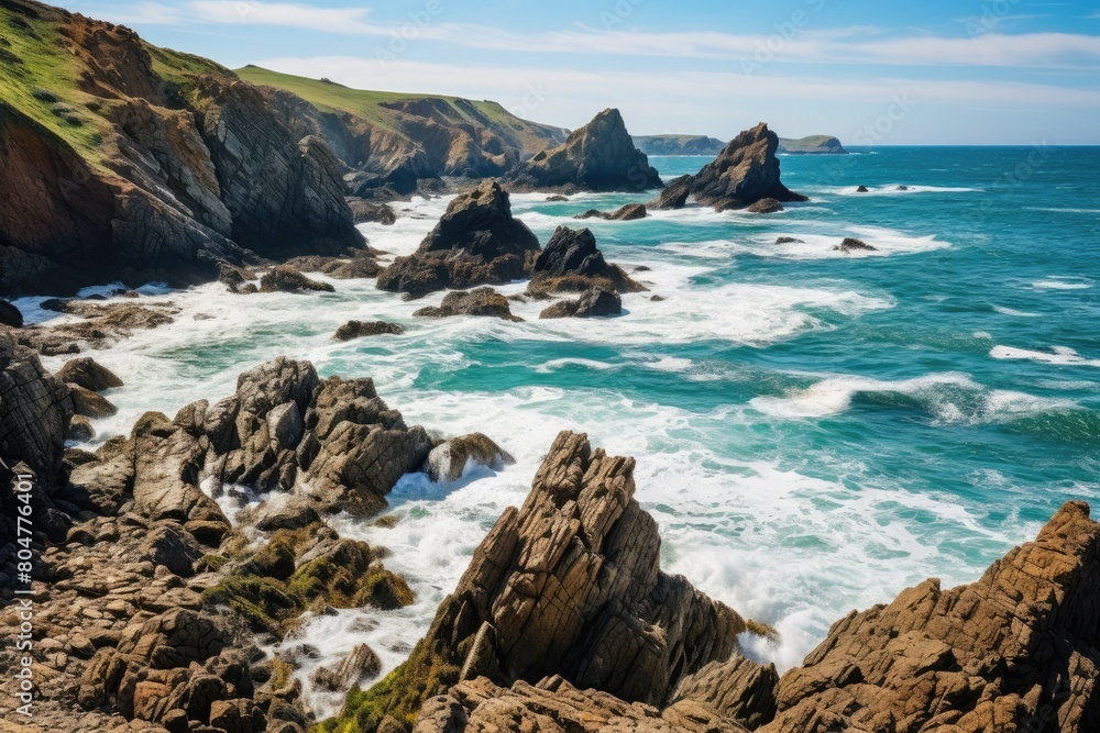 Rugged coastal landscape with crashing waves
