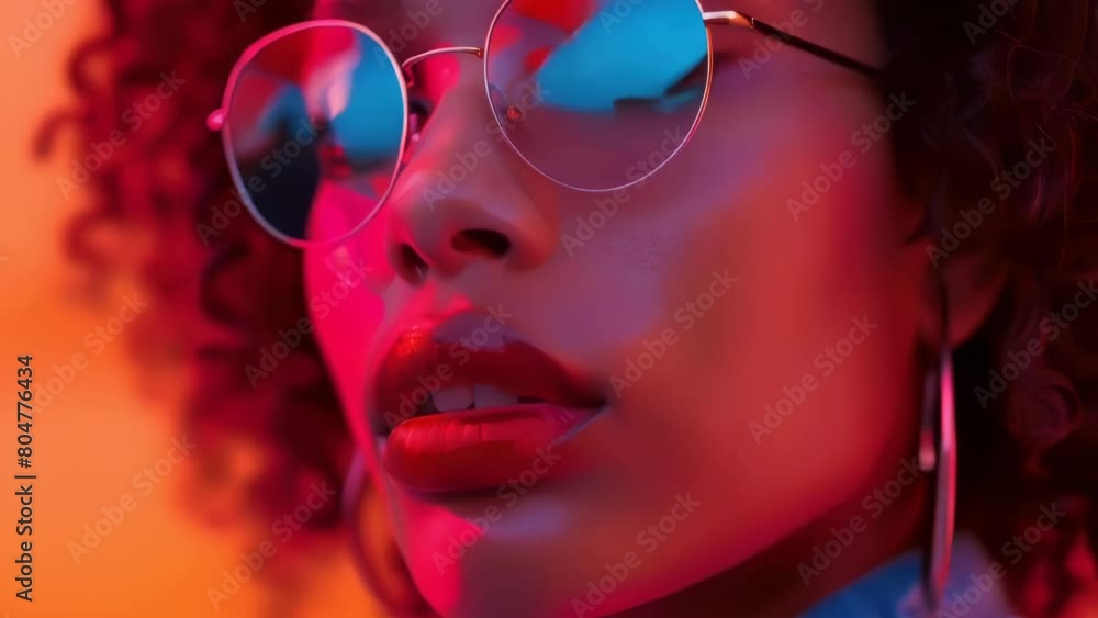 A woman with red hair and red lipstick is wearing sunglasses. The sunglasses are silver and reflect the bright orange background. The woman's face is the main focus A woman with red hair and red lipstick is wearing sunglasses. The sunglasses are silver and reflect the bright orange background. The woman's face is the main focus
