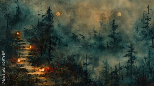 Japanese atmosphere painting with misty forest theme, suitable for spring background.