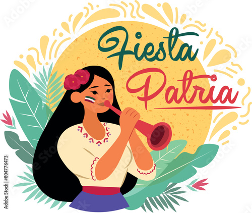 Fiesta patria México, mujer con trompeta en fiesta patria nacional
