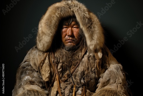 Rugged Inuit man in traditional fur-lined parka photo