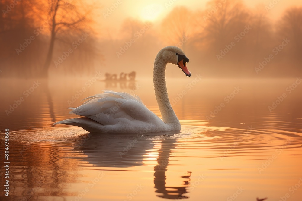 serene swan swimming in misty lake at sunset serene swan swimming in misty lake at sunset