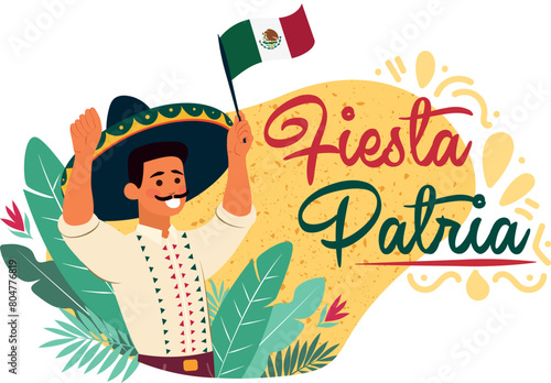 Fiesta patria México, hombre con sombrero y bandera en fiesta patria nacional
