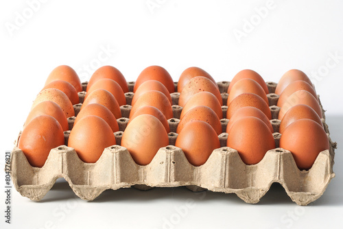 Organic fresh chicken eggs in paper cardboard tray packaging for sale and Prevents eggs from breaking on white background with clipping path